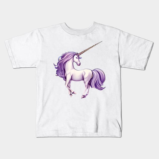 Fantasy White Purple Unicorn Design Kids T-Shirt by Greenbubble